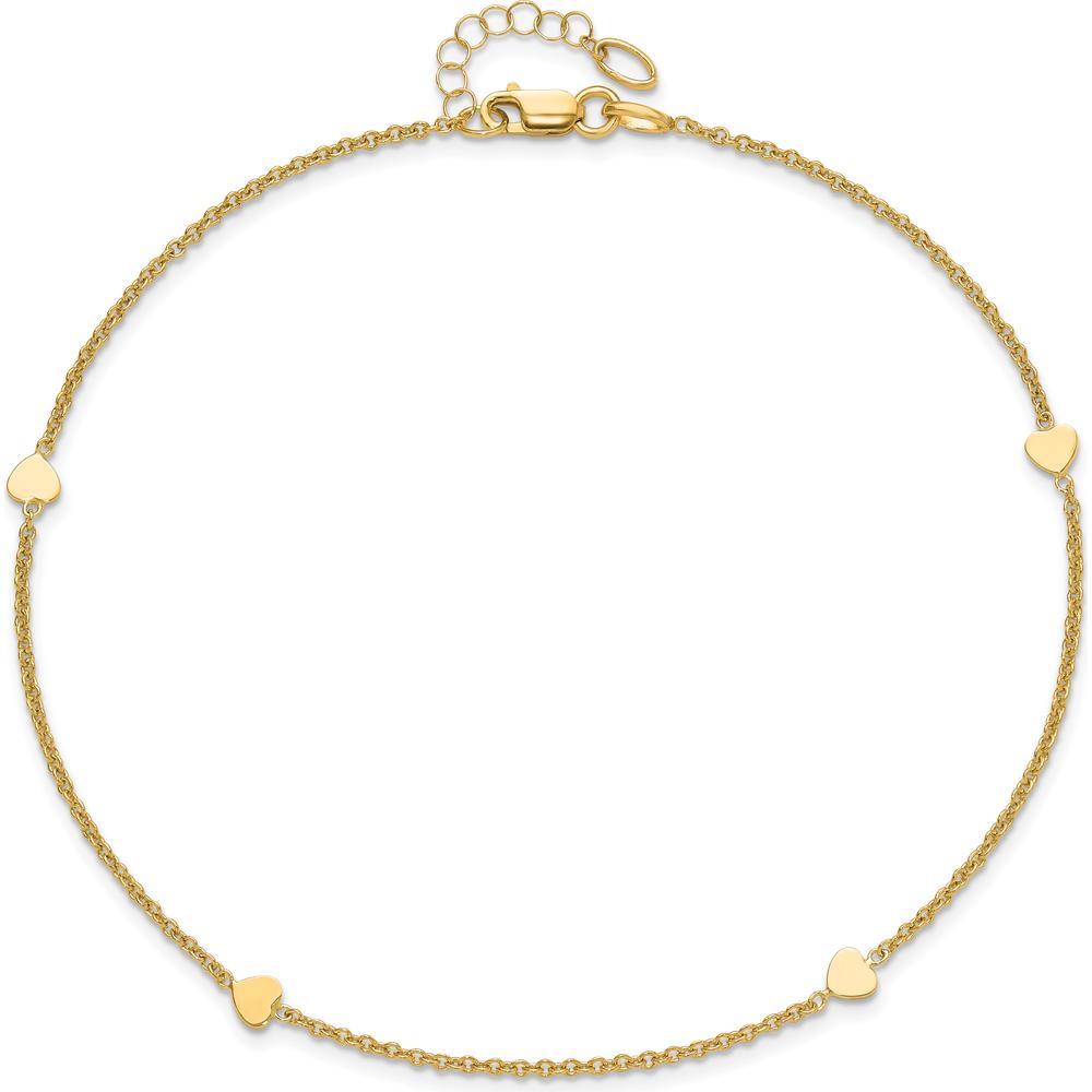 14K Yellow Gold 4-Station Polished Heart Anklet with Adjustable 1" Extender - 10" Total Length
