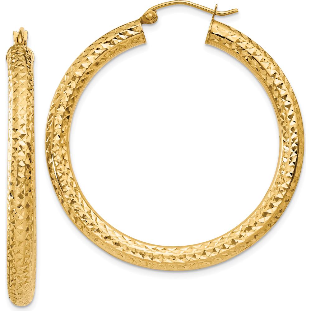 14K Yellow Gold 40mm Diamond-Cut Round Hoop Earrings - Elegant Textured Design by 0