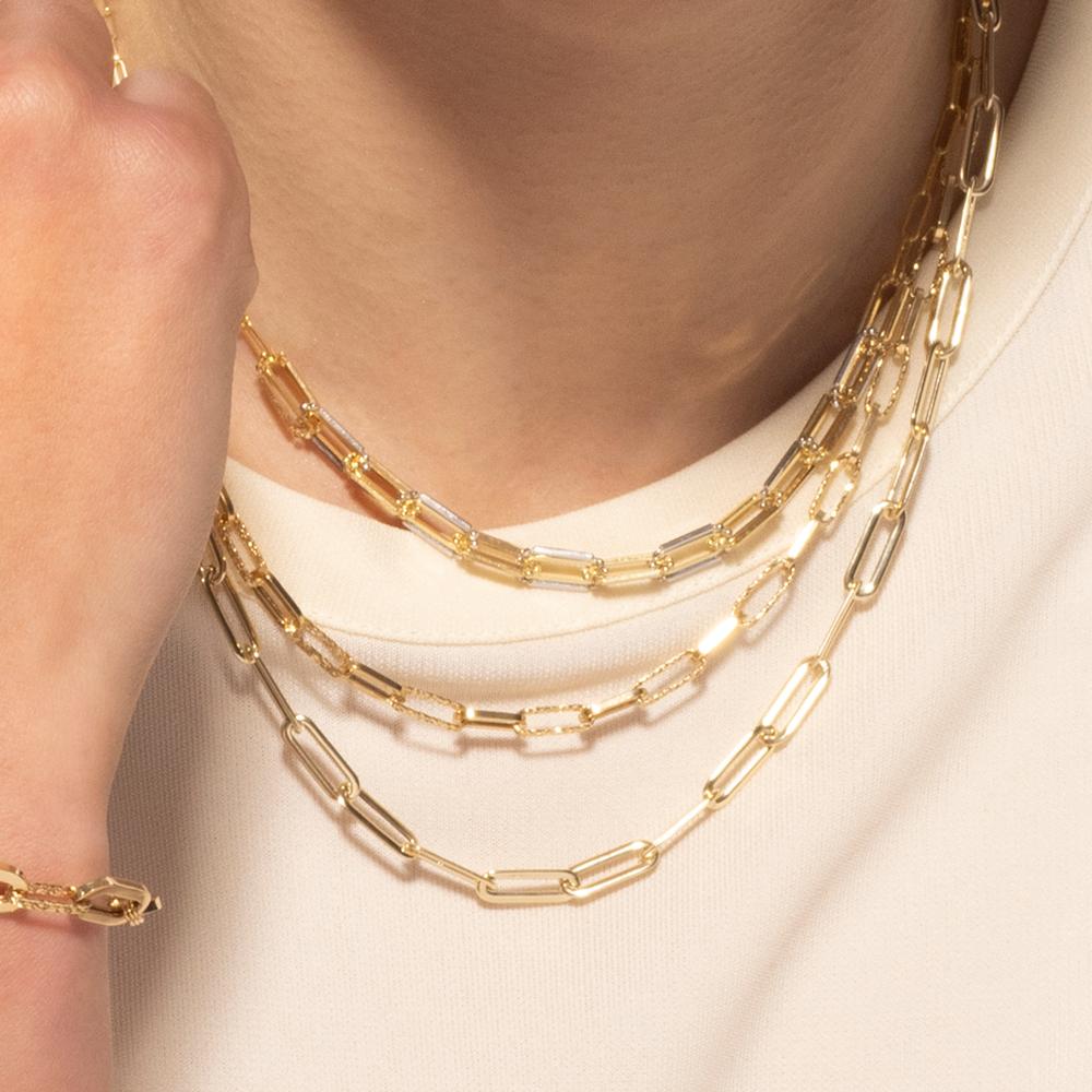 14K Yellow Gold 4mm Diamanté Paperclip Chain with Textured and Polished Links - 18" by Orozza Fine Jewelry