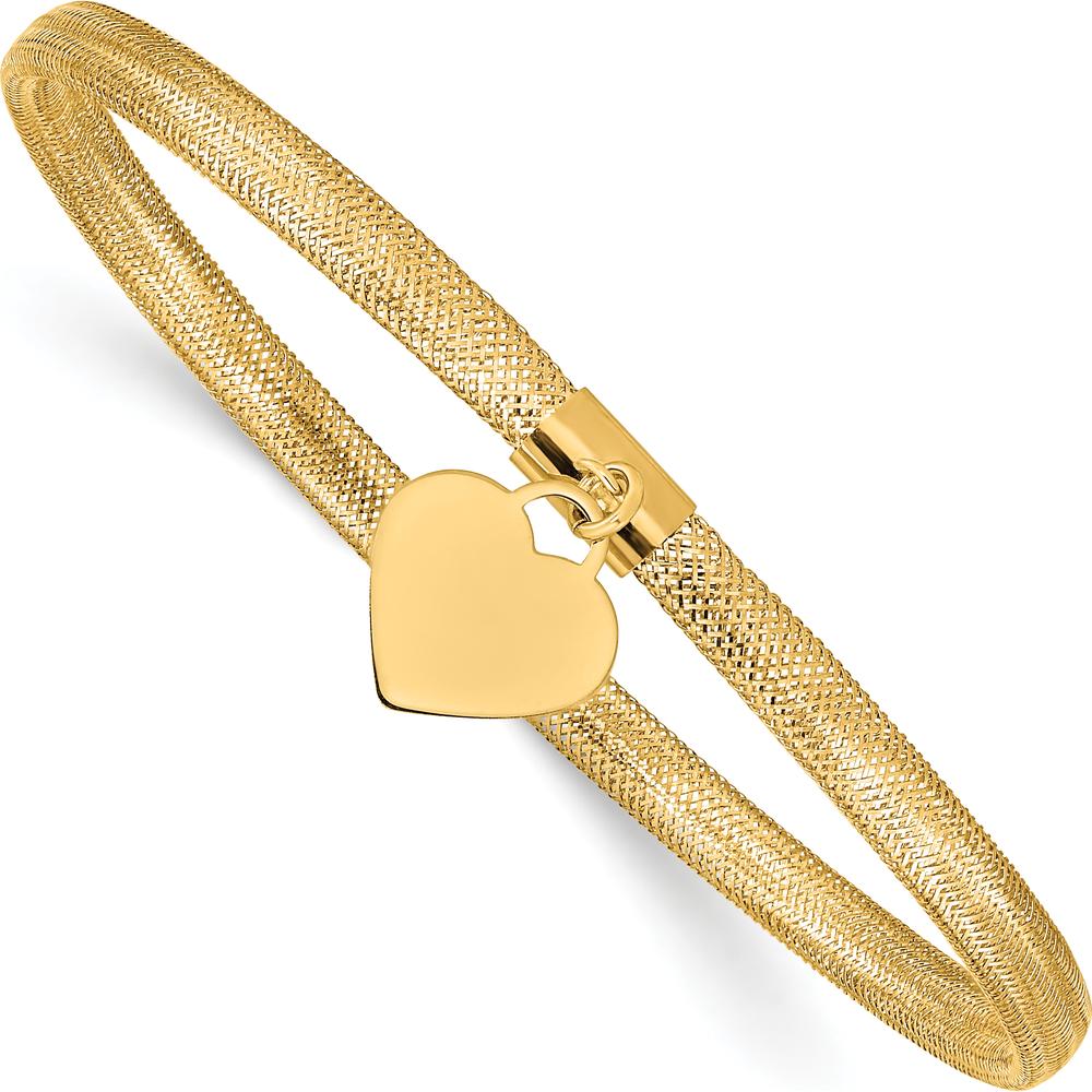 14K Yellow Gold 4mm Heart Dangle Mesh Slip-on Stretch Bracelet - 7.5" Length by 0