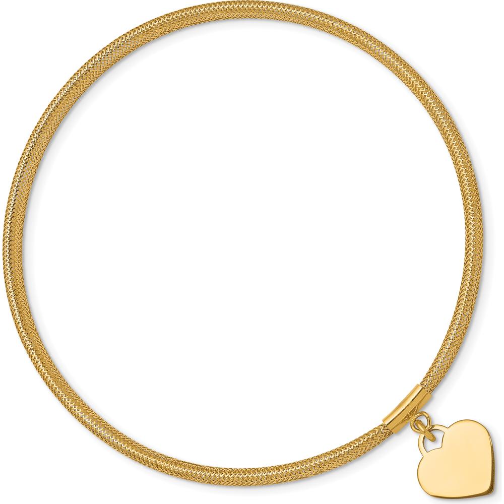 14K Yellow Gold 4mm Heart Dangle Mesh Slip-on Stretch Bracelet - 7.5" Length by 0