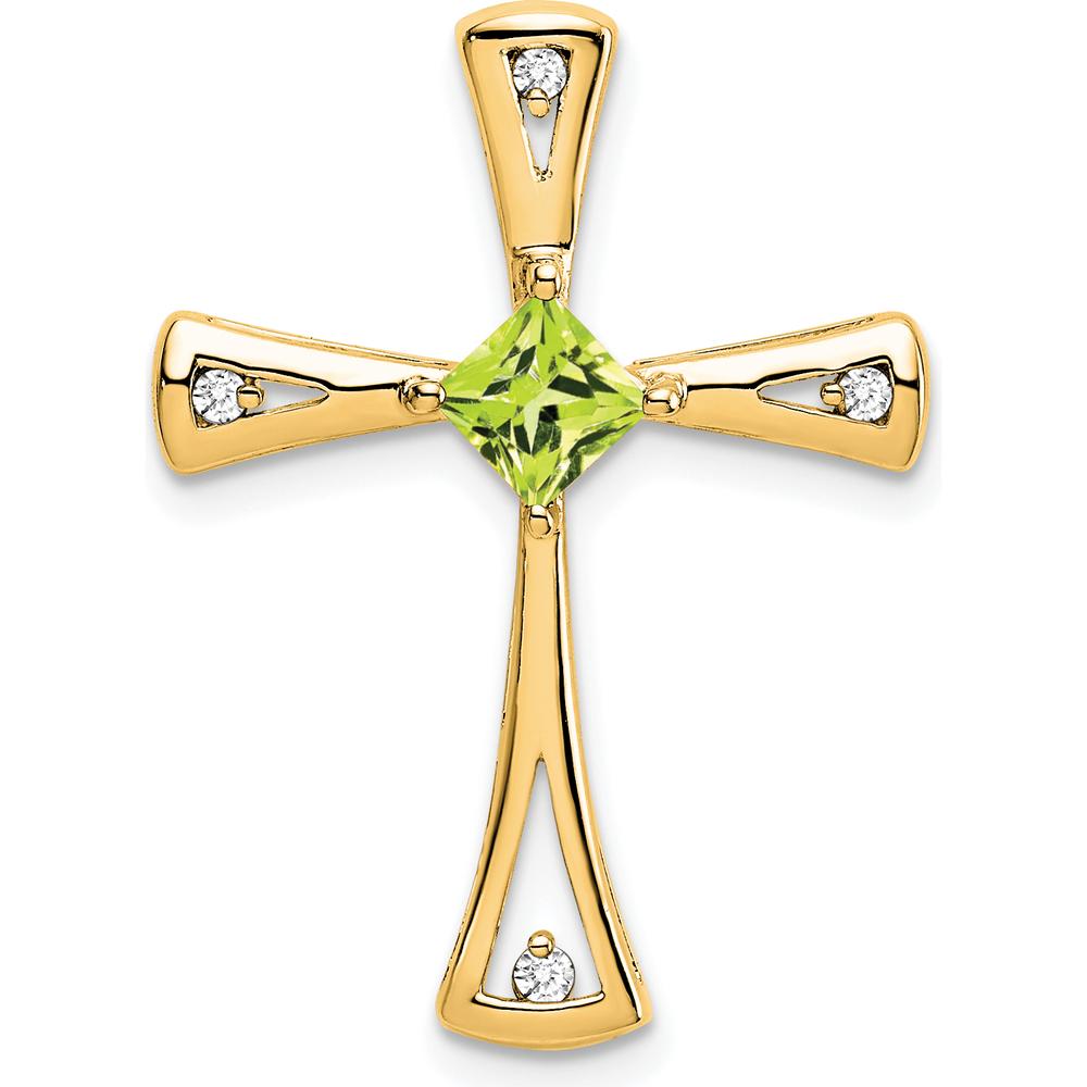 14K Yellow Gold 4mm Peridot and Diamond Cross Pendant Slide - 0.295 Carat Peridot and 0.042 Carat Total Diamond Weight by Lumare Gioia