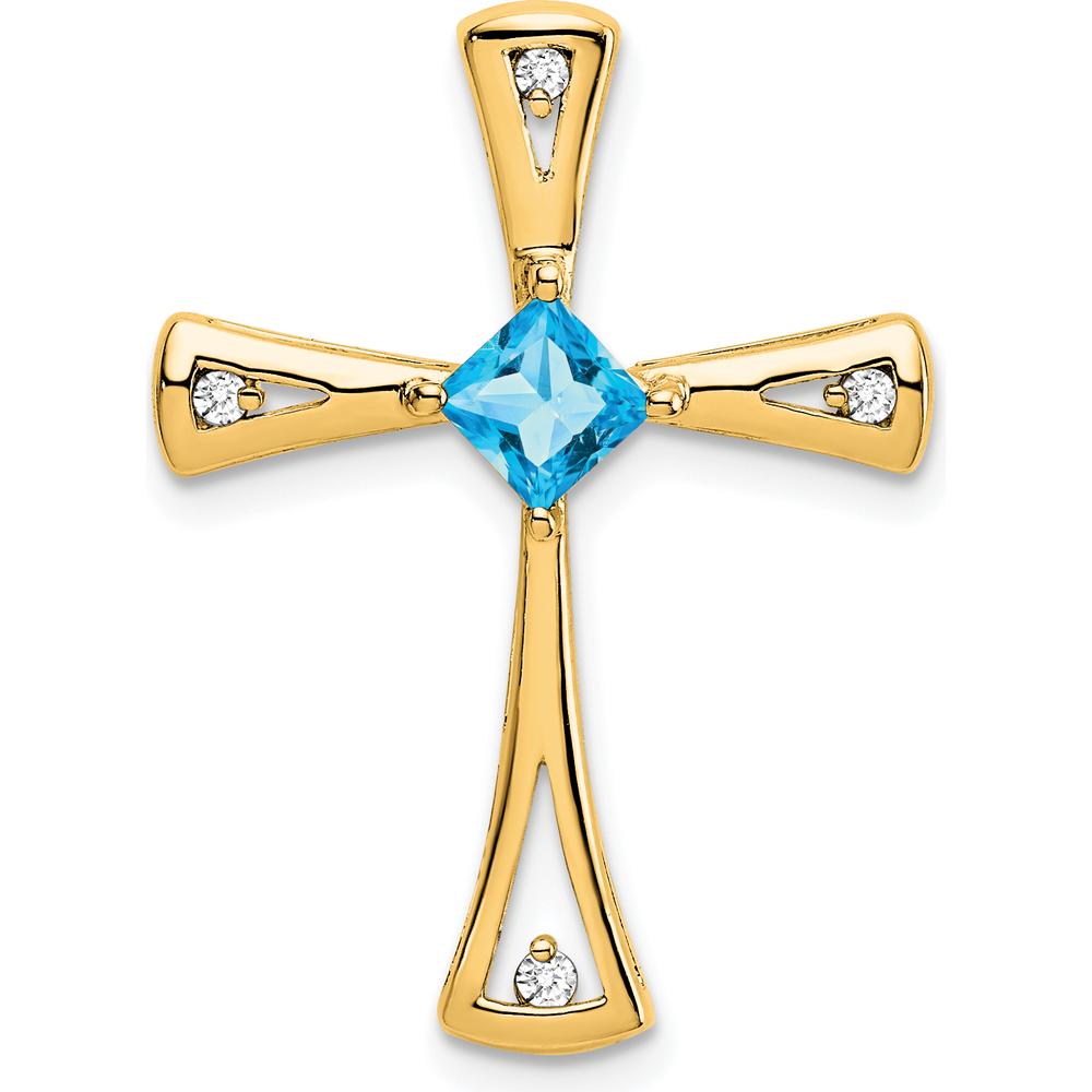 14K Yellow Gold 4mm Princess Cut Swiss Blue Topaz & Diamond Cross Pendant - 0.33 Carat Total Stone Weight by Lumare Gioia