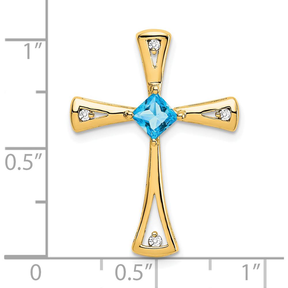 14K Yellow Gold 4mm Princess Cut Swiss Blue Topaz & Diamond Cross Pendant - 0.33 Carat Total Stone Weight by Lumare Gioia