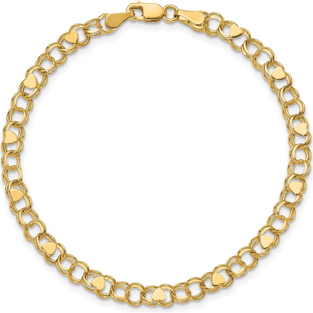 14K Yellow Gold 4mm Solid Double Link Heart Charm Bracelet - 7" Length by Oro Pregiato