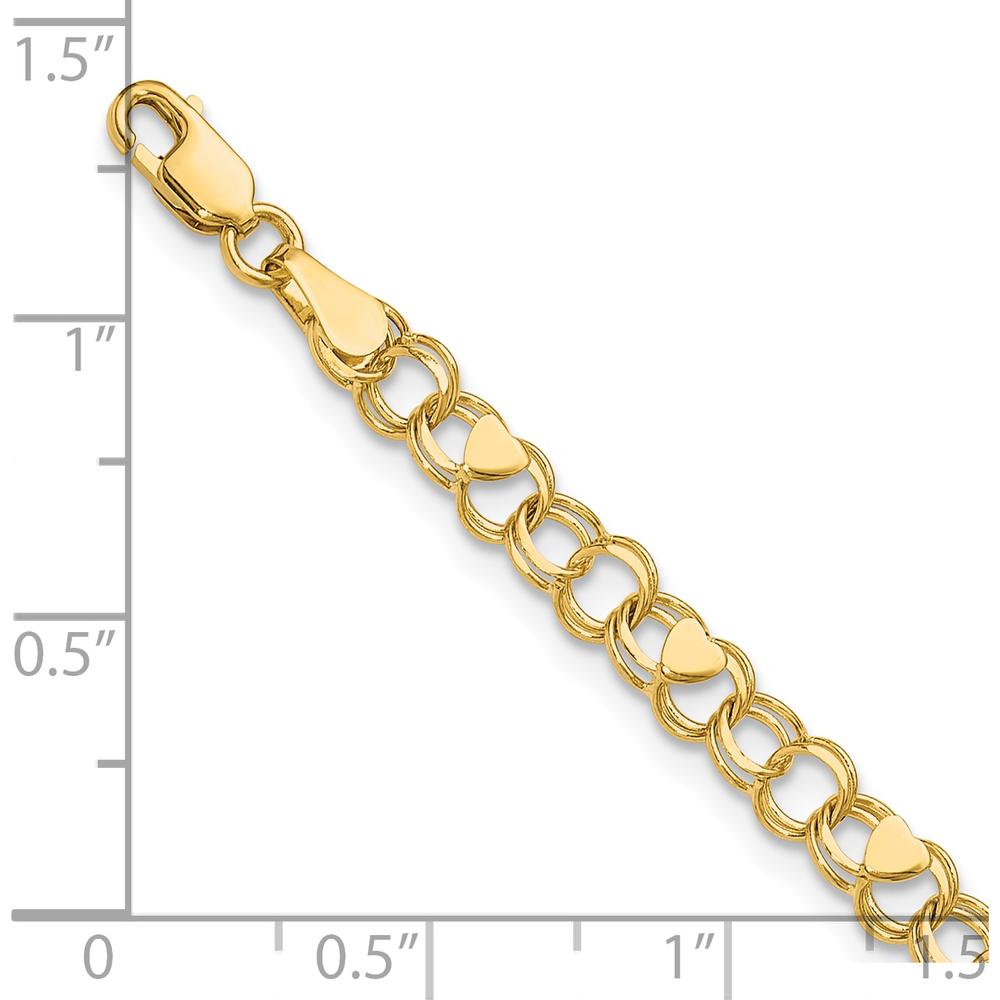 14K Yellow Gold 4mm Solid Double Link Heart Charm Bracelet - 7" Length by Oro Pregiato