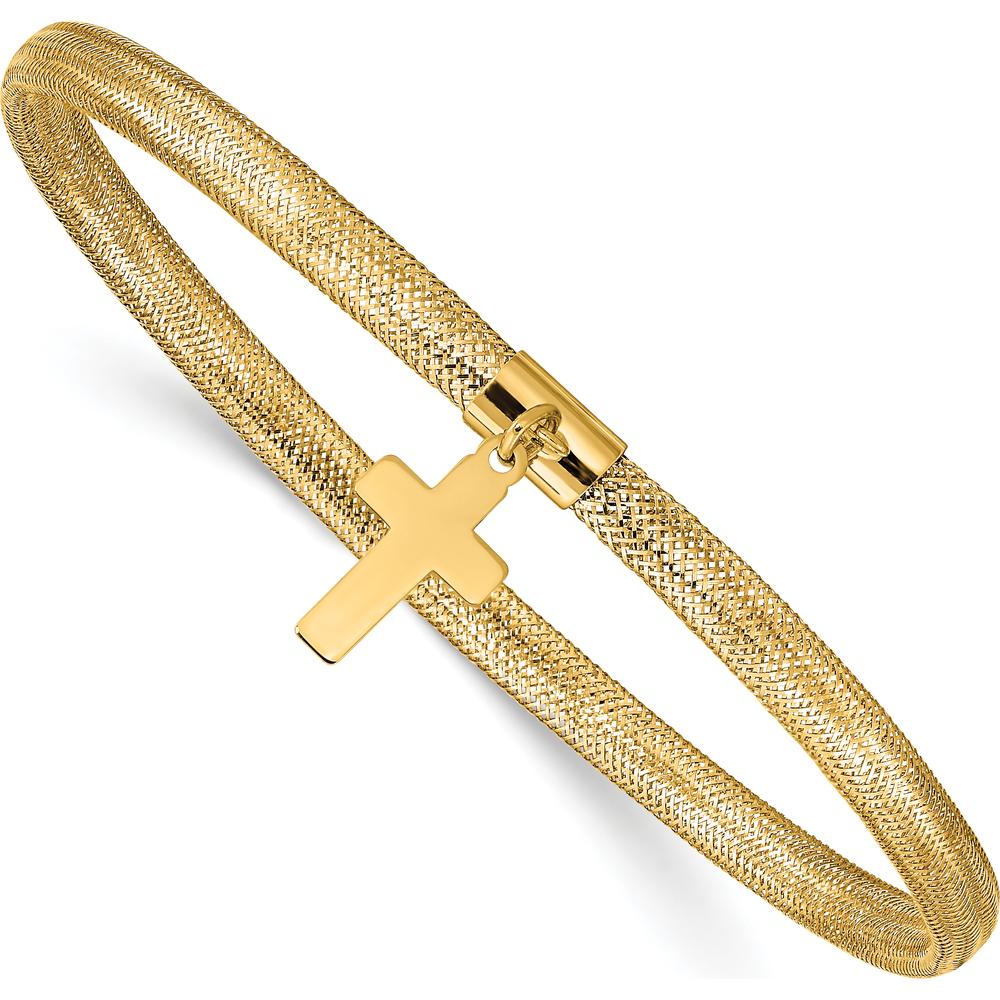 14K Yellow Gold 4mm Woven Mesh Stretch Bracelet with Cross Charm by 0