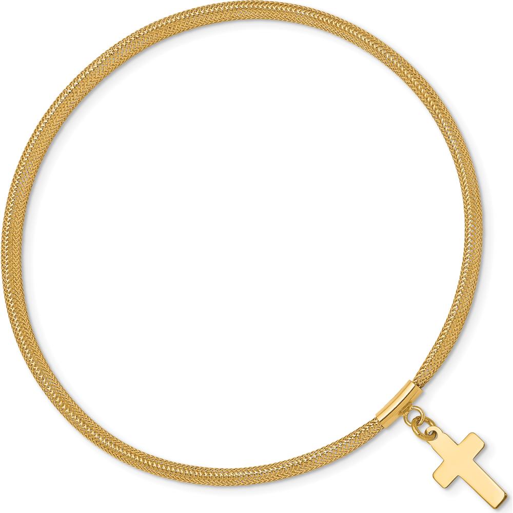 14K Yellow Gold 4mm Woven Mesh Stretch Bracelet with Cross Charm by 0