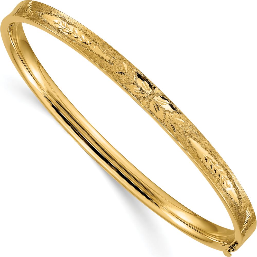 14K Yellow Gold 5.00mm Diamond-Cut Concave Hinged Oval Bangle Bracelet with Safety Bar by Oro Pregiato