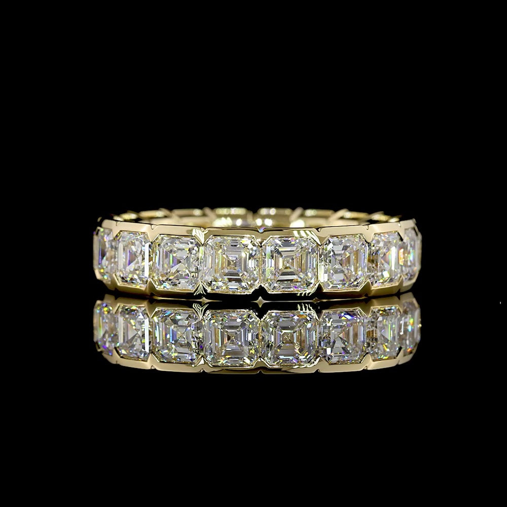 14K Yellow Gold 5.19 Carat Asscher Cut Lab Diamond Half Bezel Eternity Band (E-F VS Clarity, 18 Stones) - Covaloro Fine Jewelry
