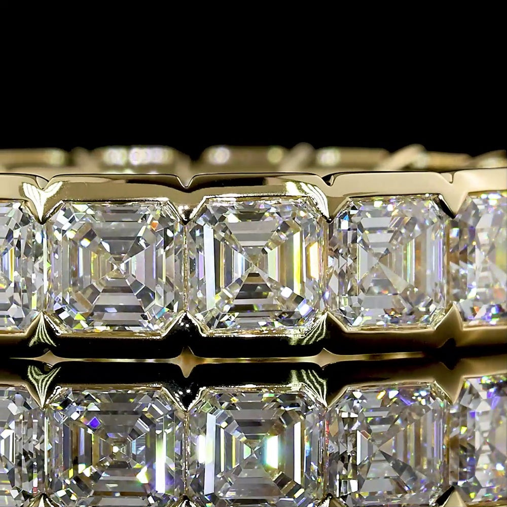 14K Yellow Gold 5.19 Carat Asscher Cut Lab Diamond Half Bezel Eternity Band (E-F VS Clarity, 18 Stones) - Covaloro Fine Jewelry