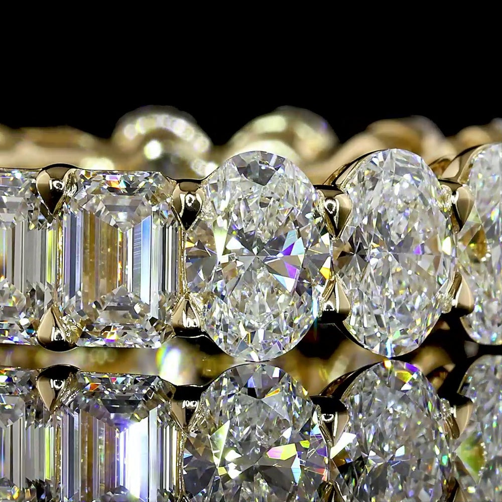 14K Yellow Gold 5.63 Carat Eternity Band with Alternating Oval and Emerald Cut Lab Grown Diamonds in Prong Setting - E-F Color, VS1 Clarity - Covaloro Fine Jewelry