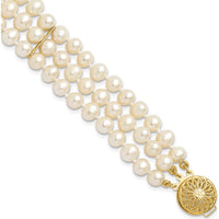 14K Yellow Gold 5-6mm Freshwater Cultured Pearl 3-Strand Bracelet - 7.5" Length by Monteluci Fine Jewelry