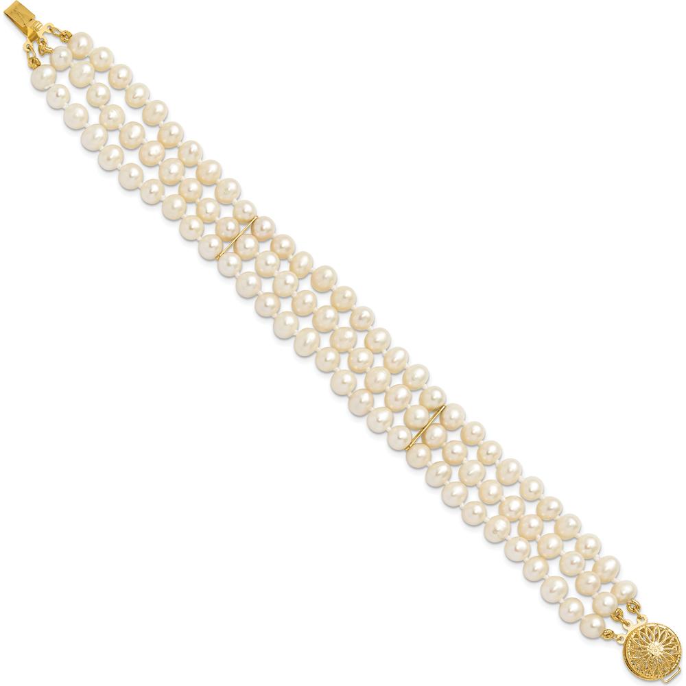 14K Yellow Gold 5-6mm Freshwater Cultured Pearl 3-Strand Bracelet - 7.5" Length by Monteluci Fine Jewelry