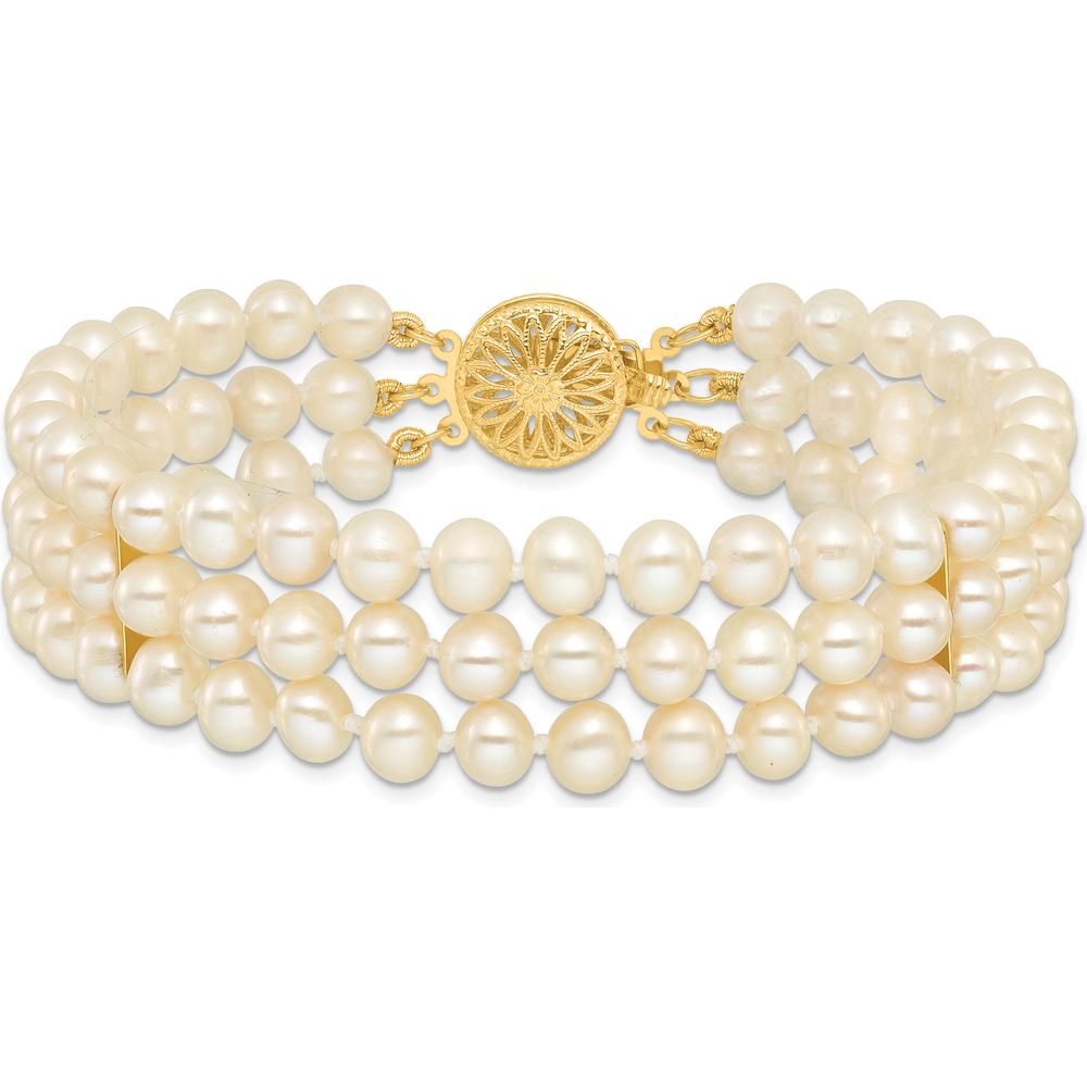 14K Yellow Gold 5-6mm Freshwater Cultured Pearl 3-Strand Bracelet - 7.5" Length by Monteluci Fine Jewelry