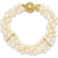 14K Yellow Gold 5-6mm Freshwater Cultured Pearl 3-Strand Bracelet - 7.5" Length by Monteluci Fine Jewelry