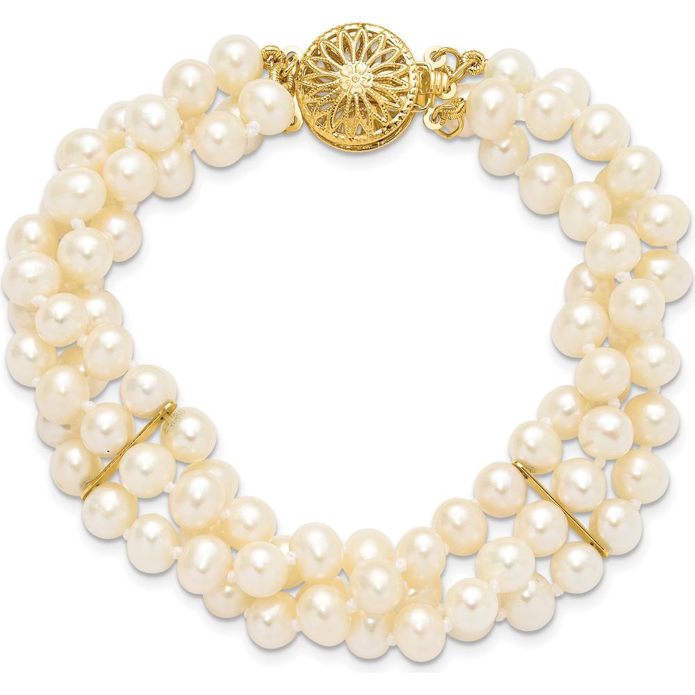 14K Yellow Gold 5-6mm Freshwater Cultured Pearl 3-Strand Bracelet - 7.5" Length by Monteluci Fine Jewelry