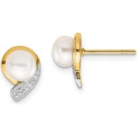 14K Yellow Gold 5-6mm Freshwater Cultured Pearl and Diamond Post Earrings - 0.01 Carat Total Diamond Weight by Monteluci Fine Jewelry