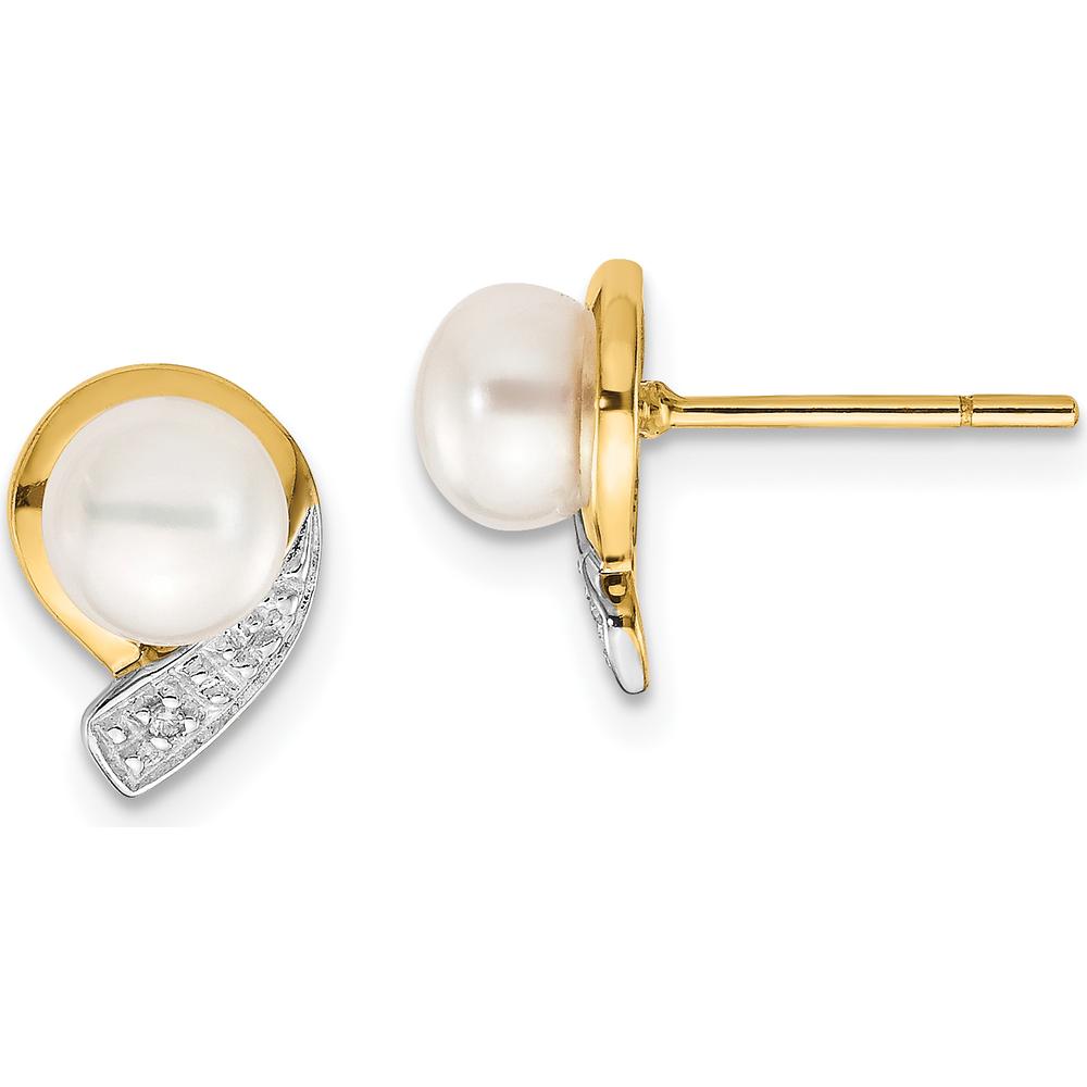 14K Yellow Gold 5-6mm Freshwater Cultured Pearl and Diamond Post Earrings - 0.01 Carat Total Diamond Weight by Monteluci Fine Jewelry