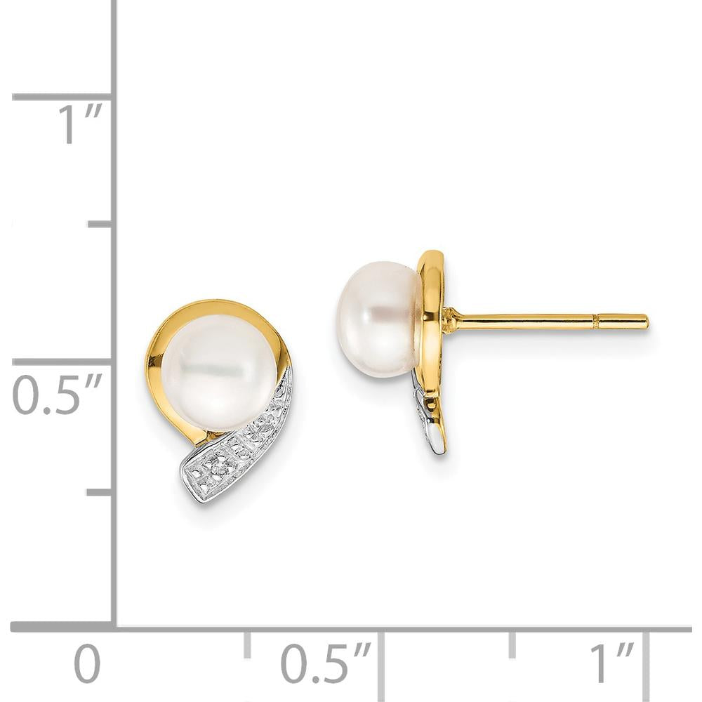 14K Yellow Gold 5-6mm Freshwater Cultured Pearl and Diamond Post Earrings - 0.01 Carat Total Diamond Weight by Monteluci Fine Jewelry