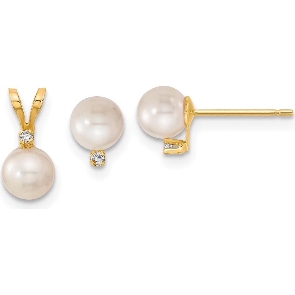 14K Yellow Gold 5-6mm White Akoya Cultured Pearl and 0.03 Carat Diamond Earrings and Pendant Set by Monteluci Fine Jewelry