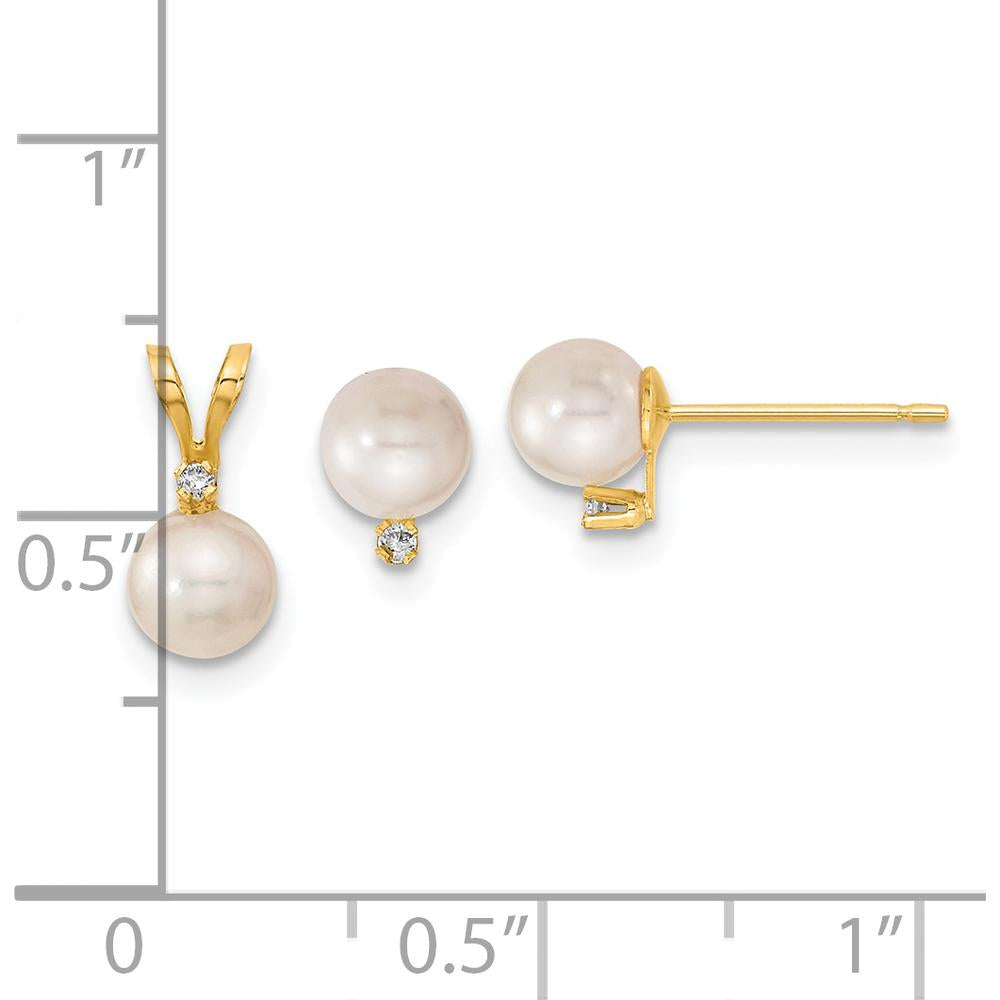 14K Yellow Gold 5-6mm White Akoya Cultured Pearl and 0.03 Carat Diamond Earrings and Pendant Set by Monteluci Fine Jewelry