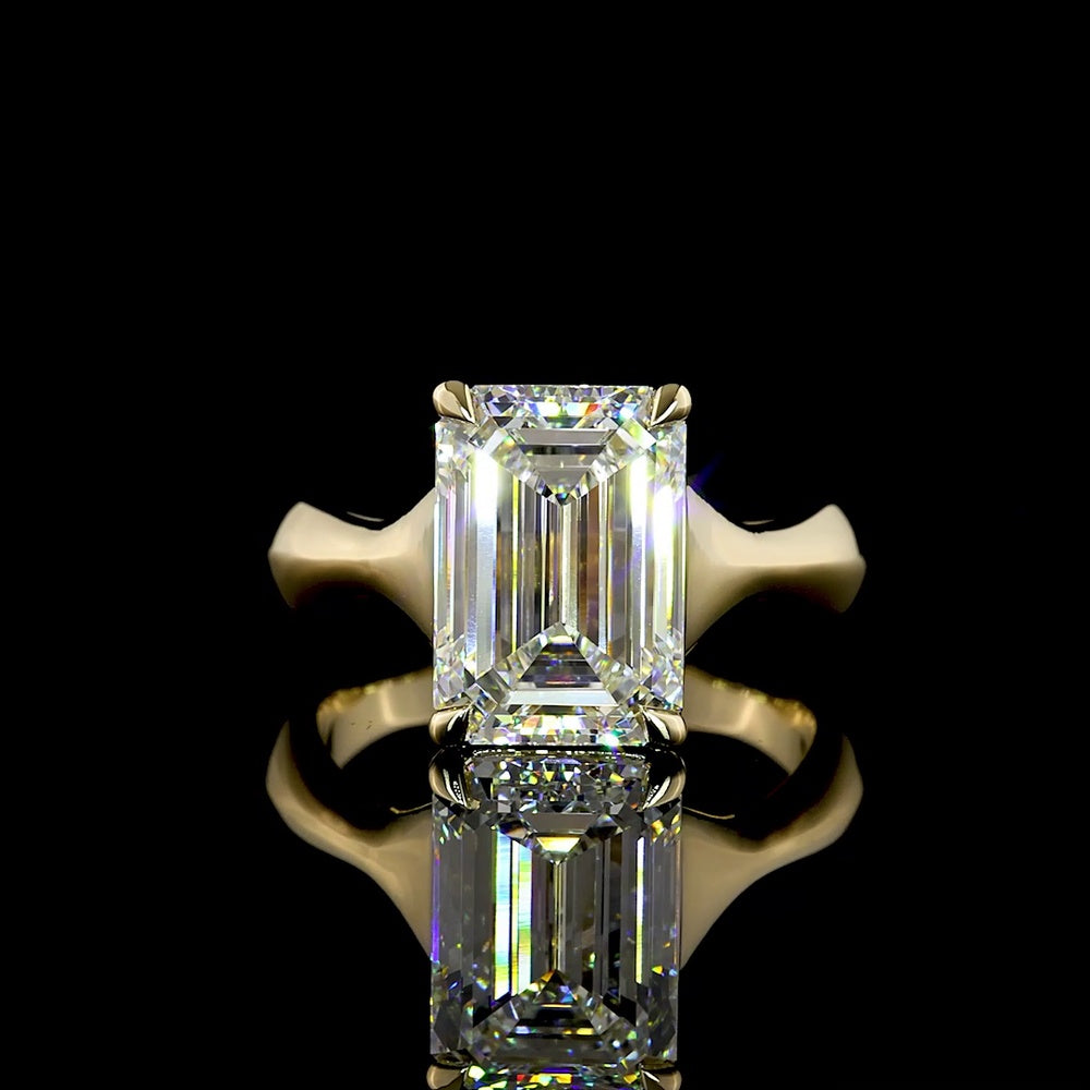 14K Yellow Gold 5 Carat Emerald Cut Lab Diamond Solitaire Ring - IGI Certified E-F VS1 - North-South Prong Set - Covaloro Fine Jewelry