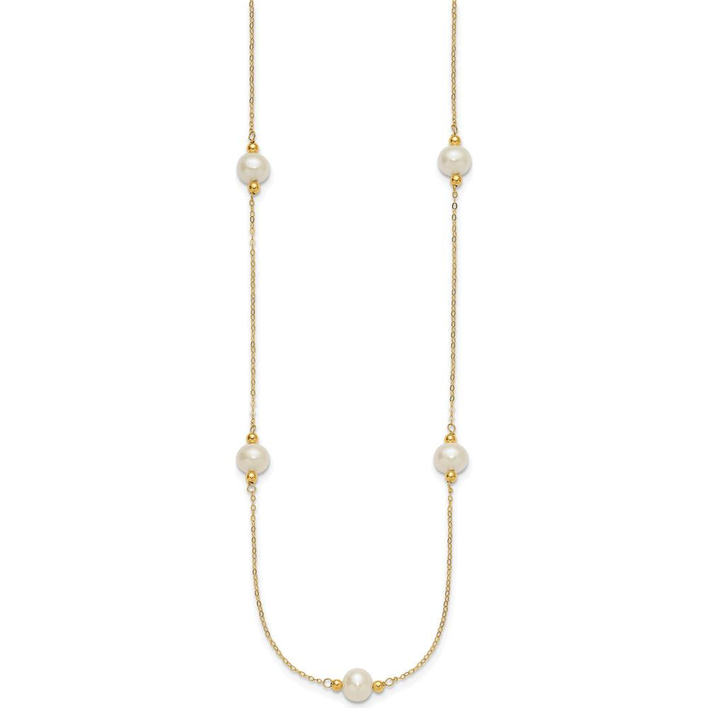14K Yellow Gold 5-Station 18" Necklace with 8-9mm Near-Round White Freshwater Cultured Pearls by Monteluci Fine Jewelry