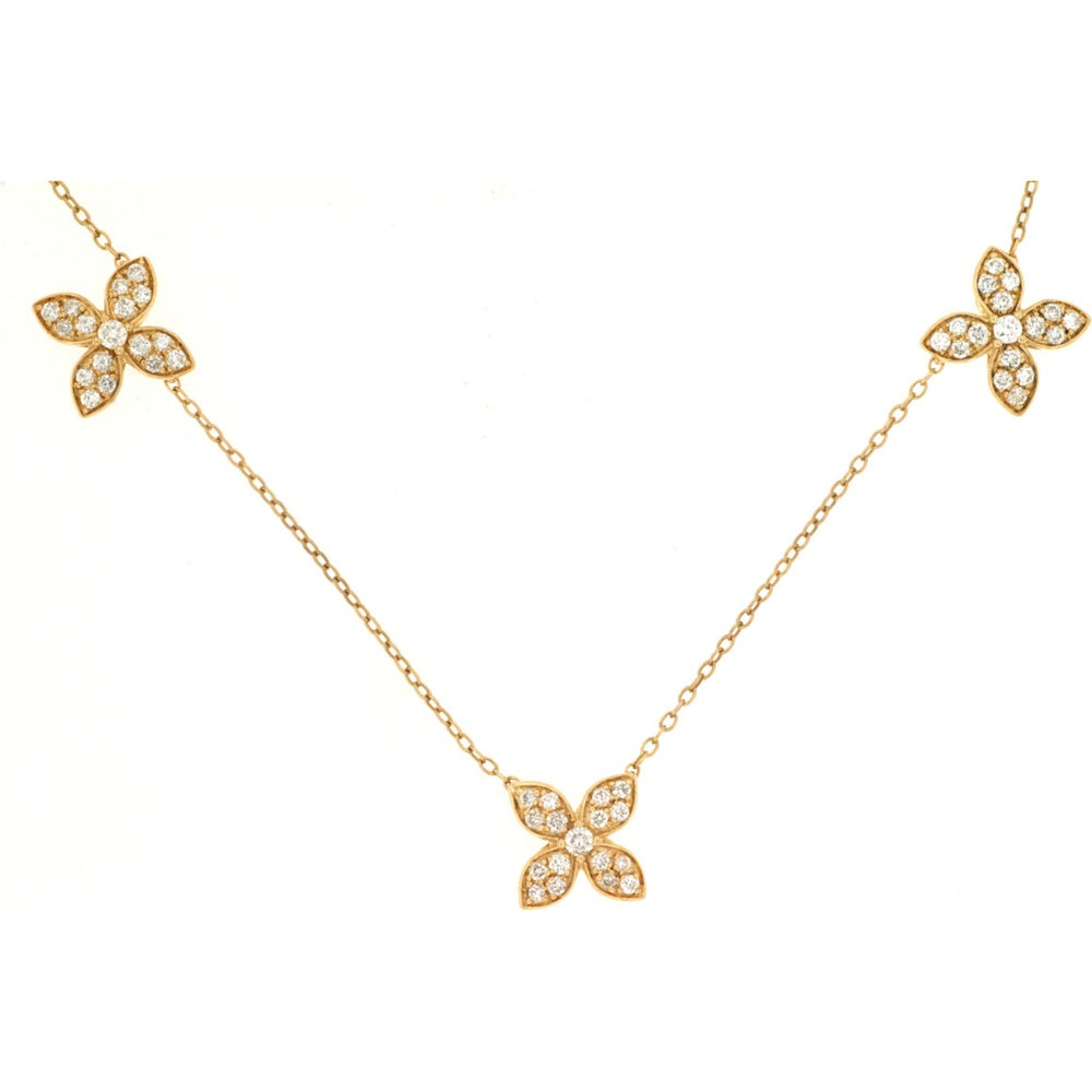 14K Yellow Gold 5-Station Floral Necklace with Round Brilliant Cut Diamonds - 0.80 Carat Total Diamond Weight - Royal Jewelry