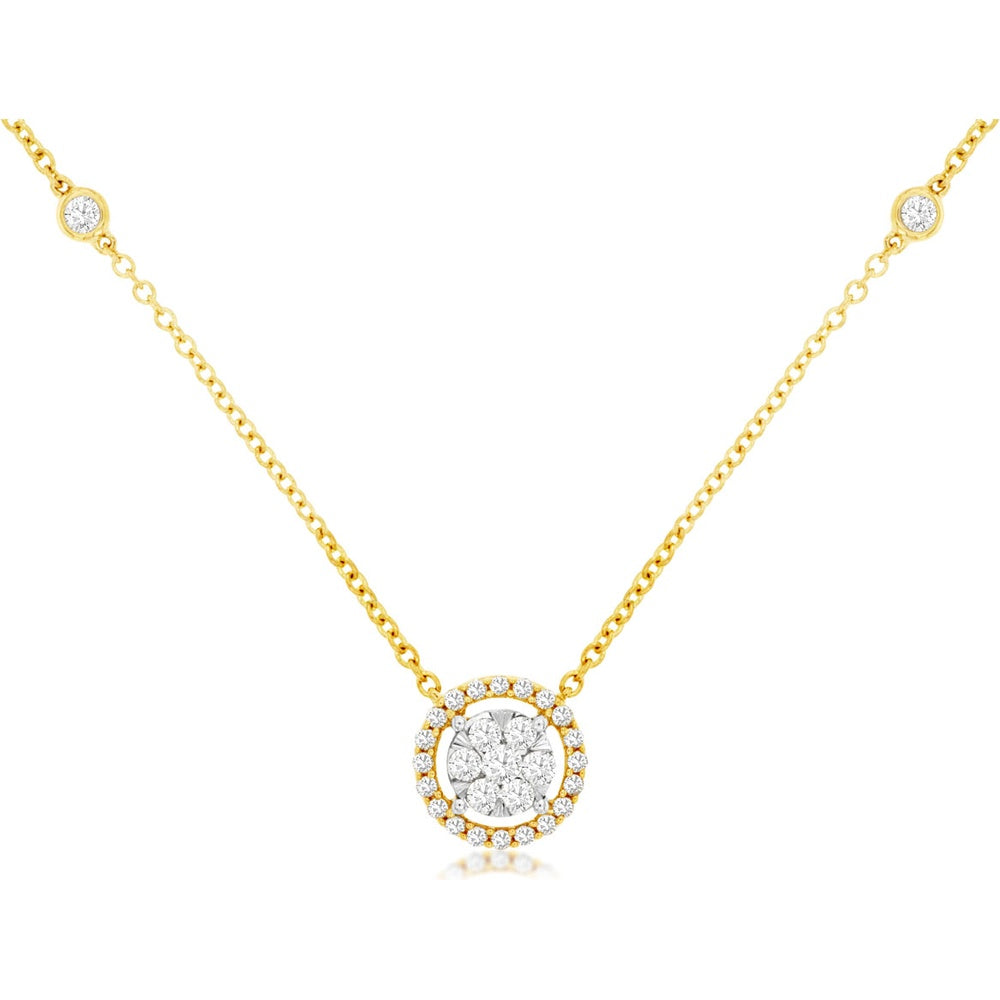 14K Yellow Gold 5-Station Necklace with Bezel and Halo-Set Round Diamonds - 0.33 Carat Total Diamond Weight - Royal Jewelry