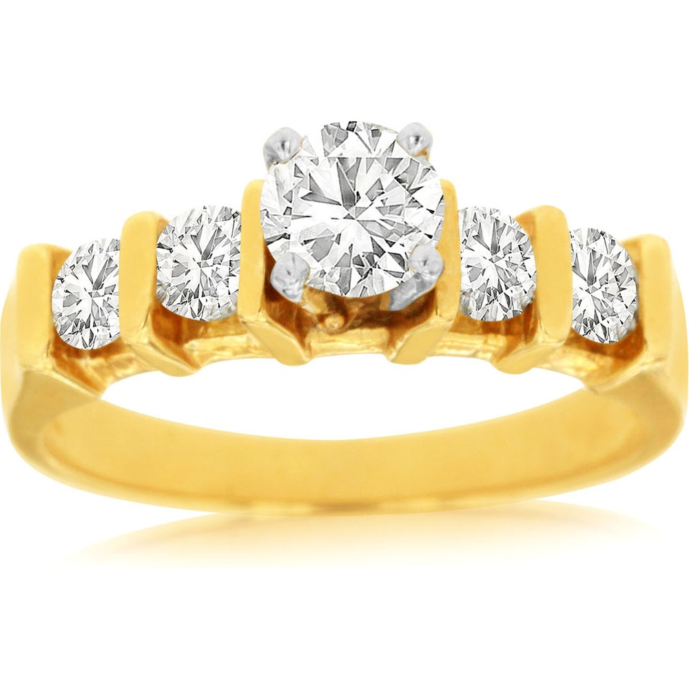 14K Yellow Gold 5-Stone Diamond Engagement Ring with 0.27 Carat Round Center and 0.60 Carat Side Diamonds - Royal Jewelry