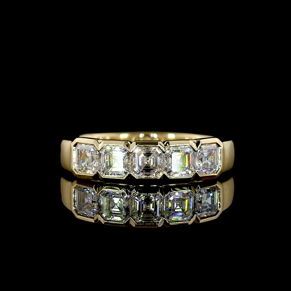 14K Yellow Gold 5-Stone Eternity Band with Half-Bezel Set Asscher Cut Lab Diamonds - 0.99 Carat Total Weight - Covaloro Fine Jewelry