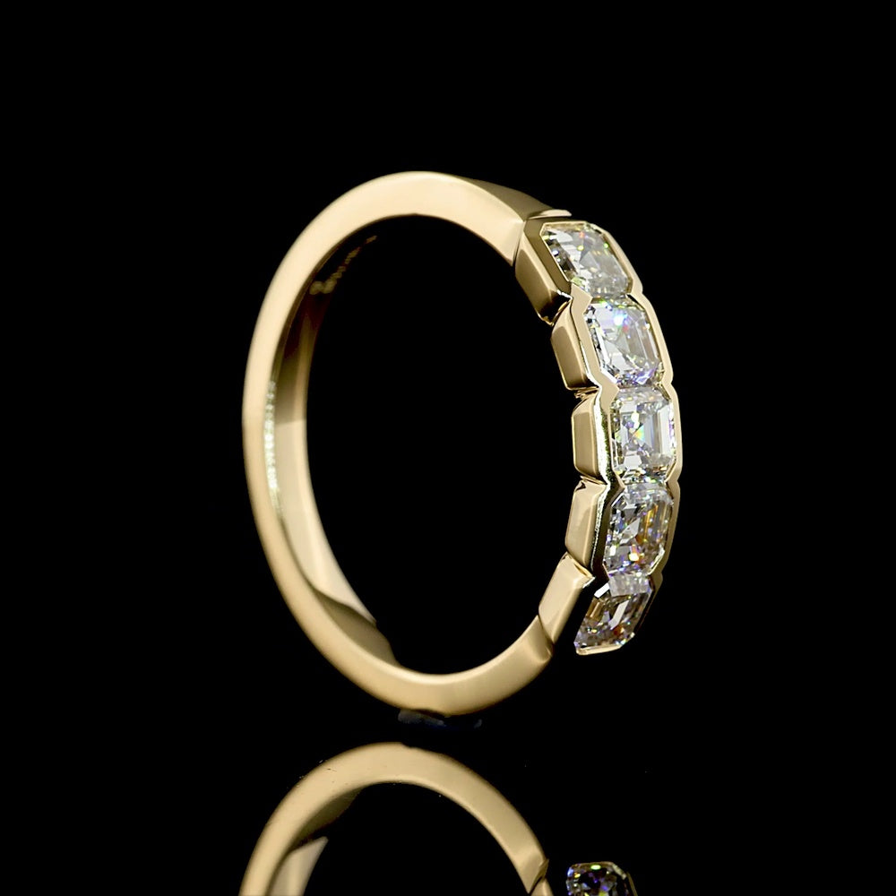 14K Yellow Gold 5-Stone Eternity Band with Half-Bezel Set Asscher Cut Lab Diamonds - 1.09 Carat Total Weight, E-F Color VS1 Clarity - Covaloro Fine Jewelry
