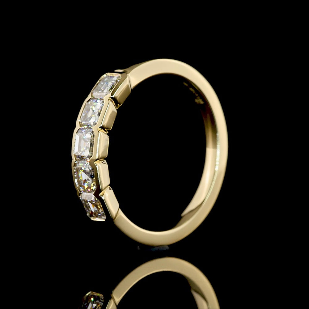 14K Yellow Gold 5-Stone Eternity Band with Half-Bezel Set Asscher Cut Lab Diamonds - 1.09 Carat Total Weight, E-F Color VS1 Clarity - Covaloro Fine Jewelry