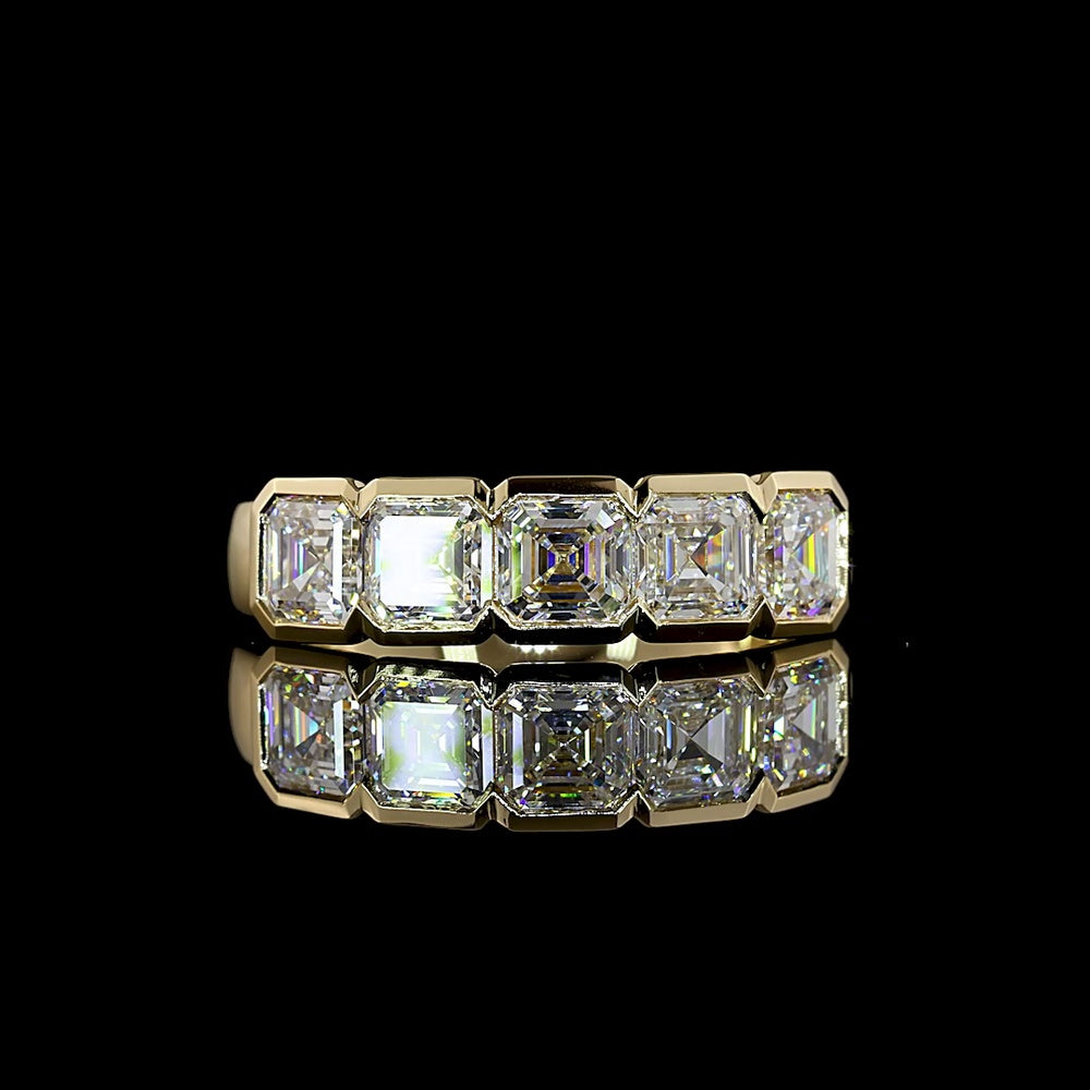 14K Yellow Gold 5 Stone Eternity Band with Half Bezel Set Asscher Cut Lab Diamonds - 2.10 Carat Total Weight - Covaloro Fine Jewelry