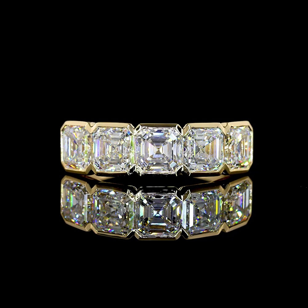 14K Yellow Gold 5-Stone Eternity Band with Half-Bezel Set Asscher Cut Lab Diamonds - 3.11 Carat Total Diamond Weight - Covaloro Fine Jewelry