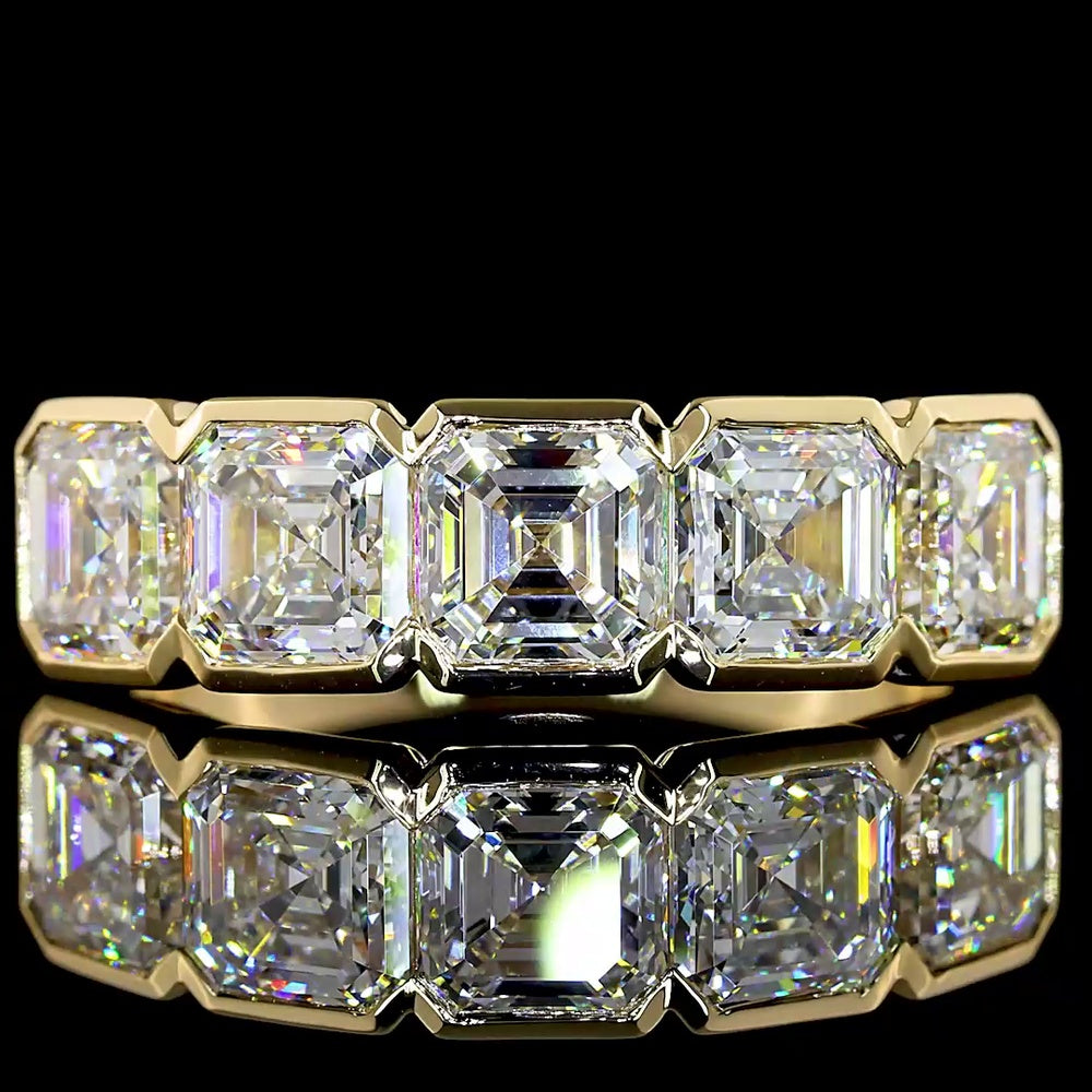 14K Yellow Gold 5-Stone Eternity Band with Half-Bezel Set Asscher Cut Lab Diamonds - 3.11 Carat Total Diamond Weight - Covaloro Fine Jewelry