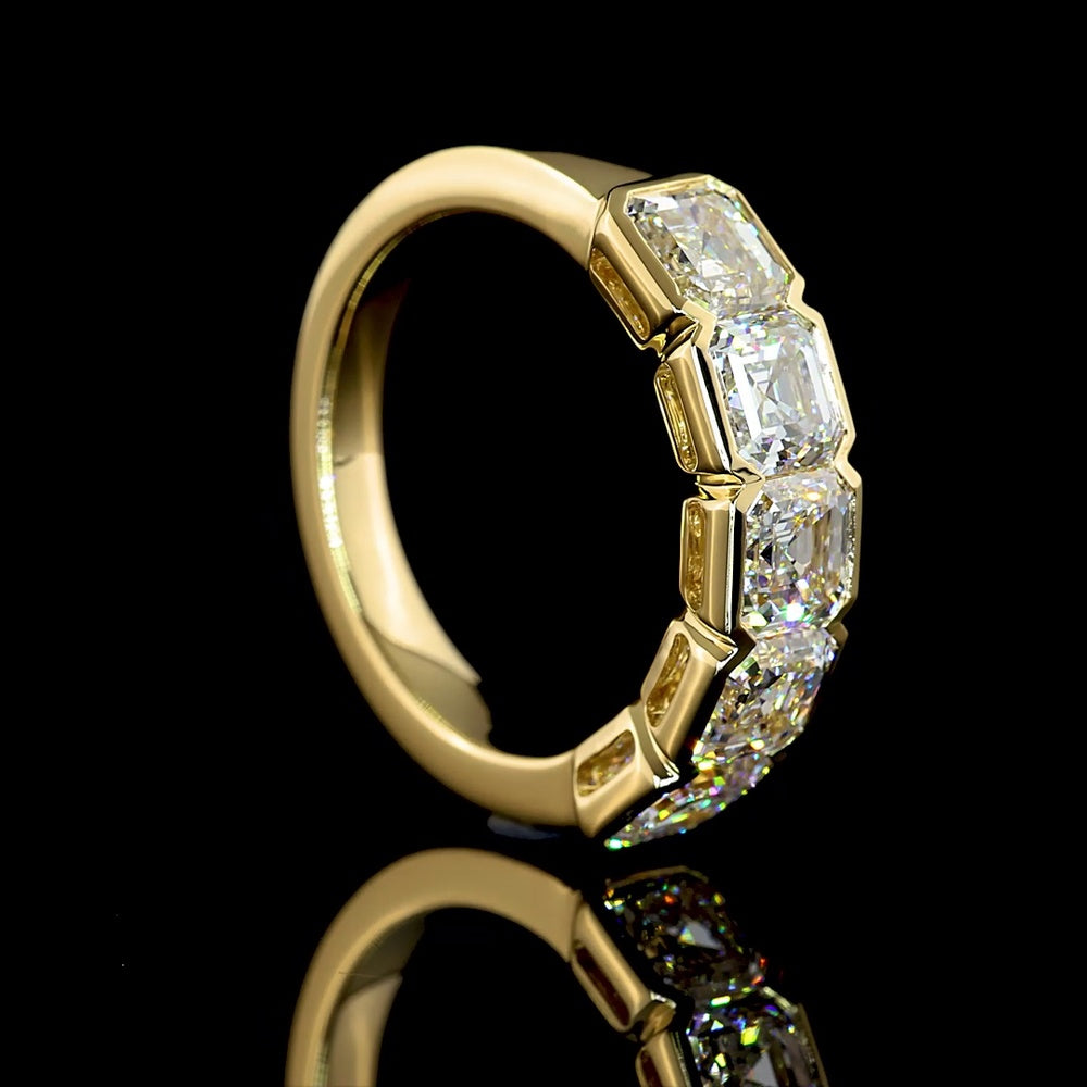 14K Yellow Gold 5-Stone Eternity Band with Half-Bezel Set Asscher Cut Lab Diamonds - 3.11 Carat Total Diamond Weight - Covaloro Fine Jewelry