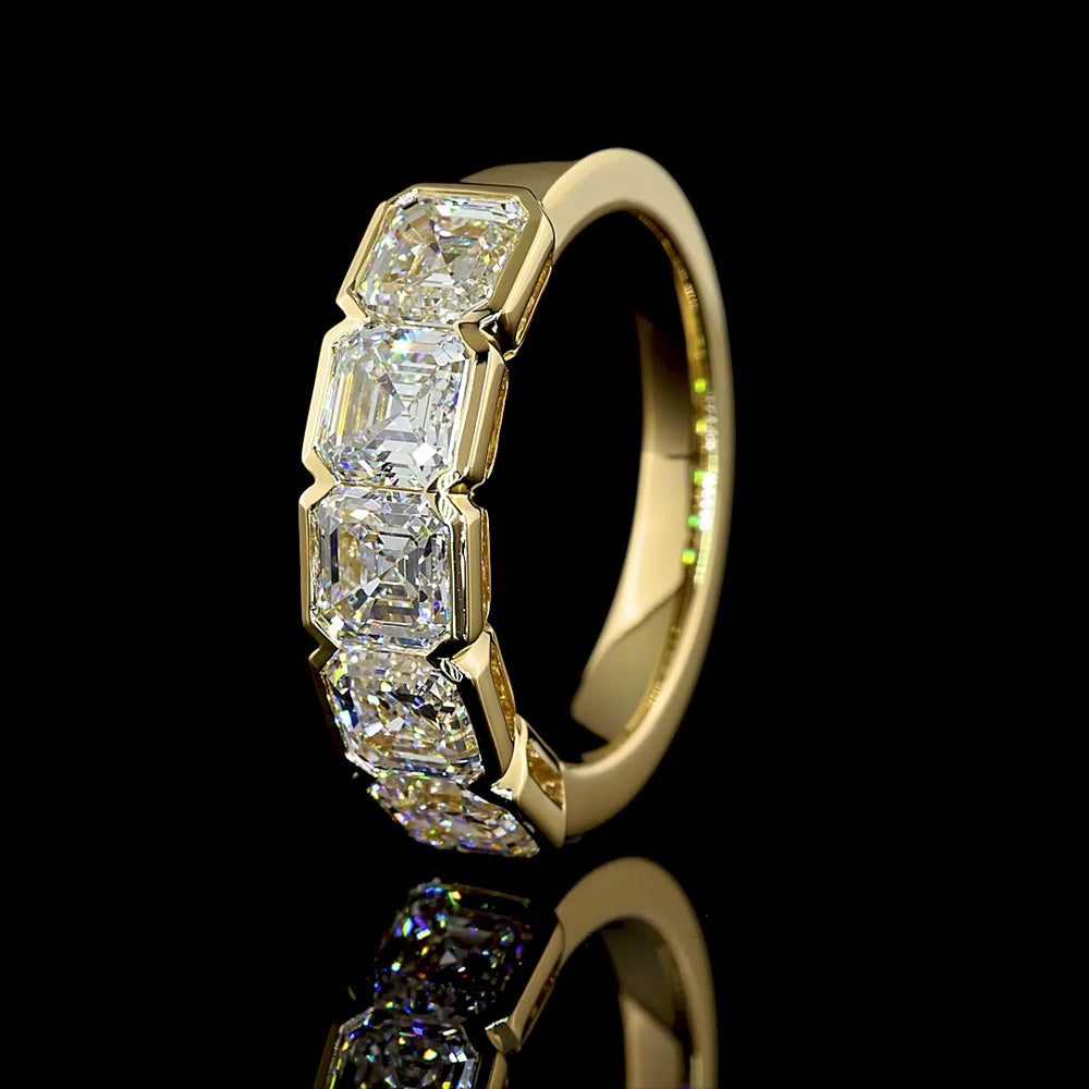 14K Yellow Gold 5-Stone Eternity Band with Half-Bezel Set Asscher Cut Lab Diamonds - 3.11 Carat Total Diamond Weight - Covaloro Fine Jewelry