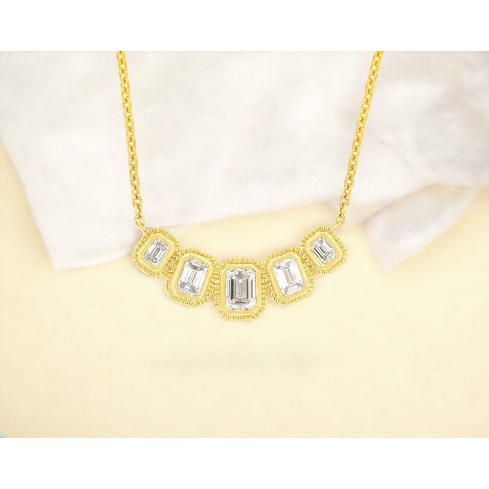 14K Yellow Gold 5-Stone Graduated Emerald Cut Diamond Necklace with Milgrain Bezel Settings - 0.78 Carat Total Diamond Weight - Royal Jewelry