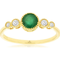 14K Yellow Gold 5-Stone Graduating Ring with 0.52 Carat Round Emerald and 0.12 Carat Round Diamonds in Bezel Milgrain Settings - Royal Jewelry