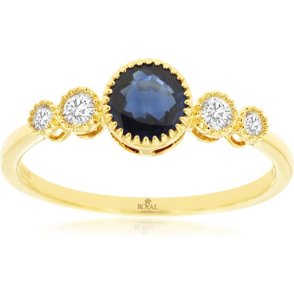 14K Yellow Gold 5-Stone Ring with 0.65 Carat Oval Sapphire and Graduated Round Diamonds - 0.12 Carat Total Diamond Weight - Royal Jewelry