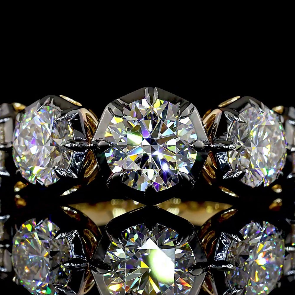 14K Yellow Gold 5-Stone Ring with Black Rhodium Prong & Bezel Set Round Lab Diamonds - 3.99 Carats Total Diamond Weight - Covaloro Fine Jewelry