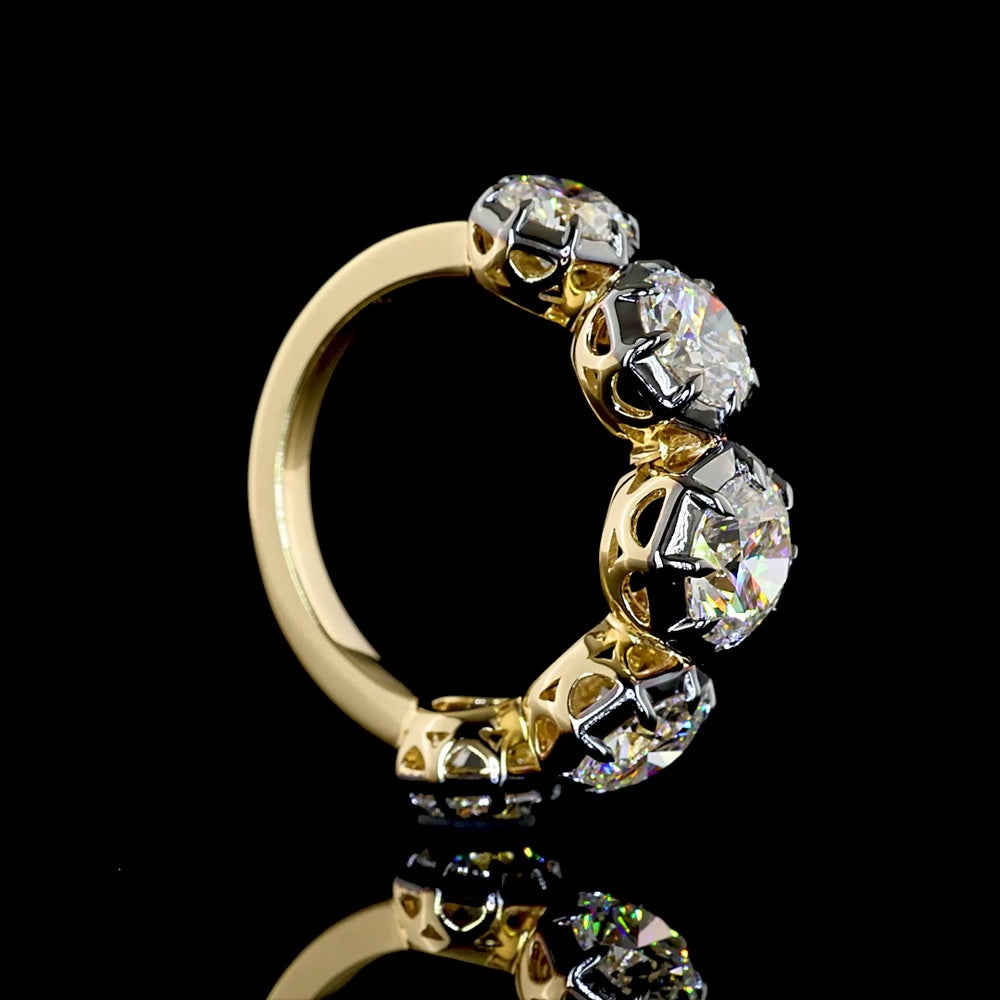14K Yellow Gold 5-Stone Ring with Black Rhodium Prong & Bezel Set Round Lab Diamonds - 3.99 Carats Total Diamond Weight - Covaloro Fine Jewelry