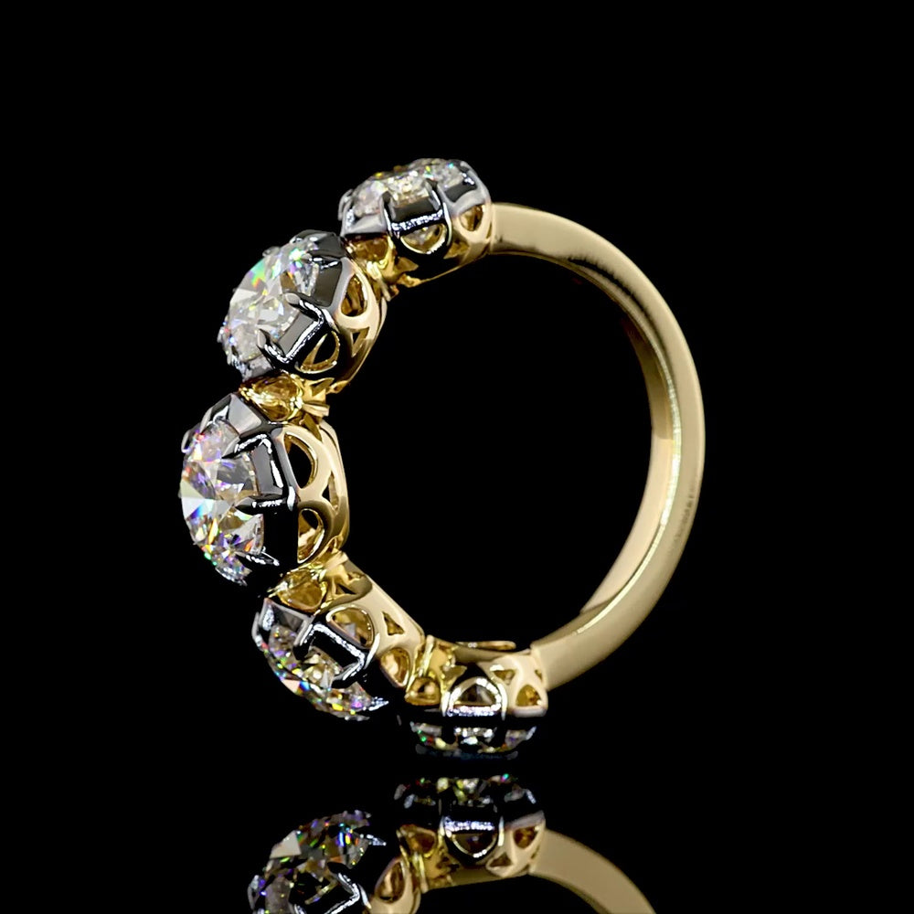 14K Yellow Gold 5-Stone Ring with Black Rhodium Prong & Bezel Set Round Lab Diamonds - 3.99 Carats Total Diamond Weight - Covaloro Fine Jewelry