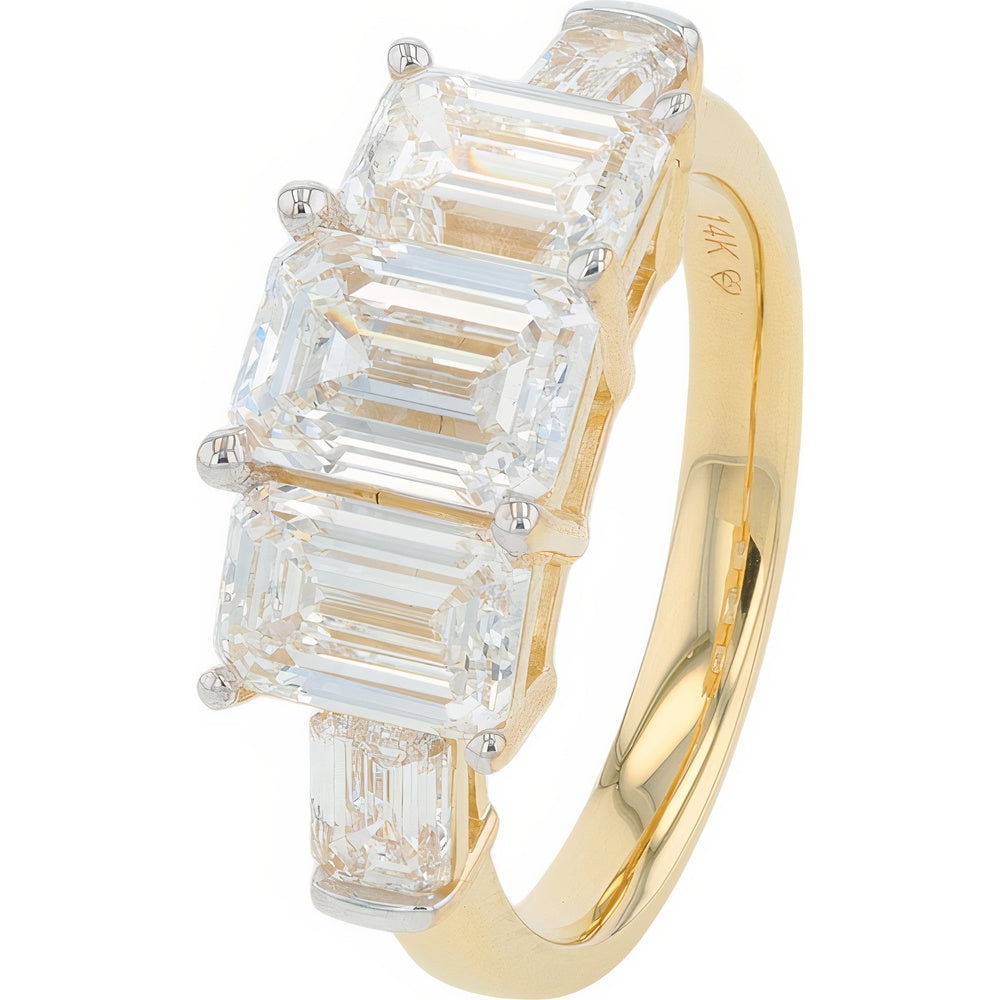 14K Yellow Gold 5-Stone Ring with Emerald Cut Lab Grown Diamonds - 4.00 Carat Total Diamond Weight