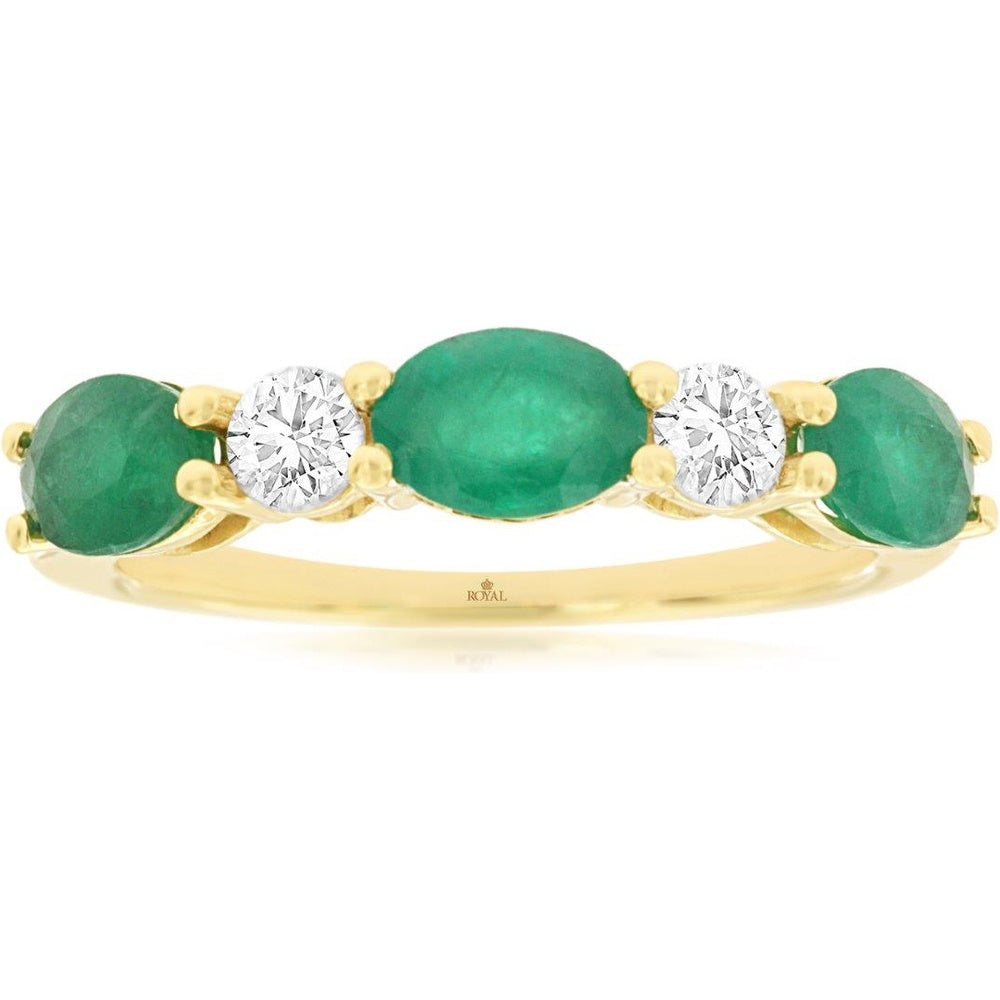 14K Yellow Gold 5-Stone Ring with Oval Emerald Center and Round Emerald Accents - 1.40 Carat Emerald and 0.34 Carat Diamond Total Weight - Royal Jewelry