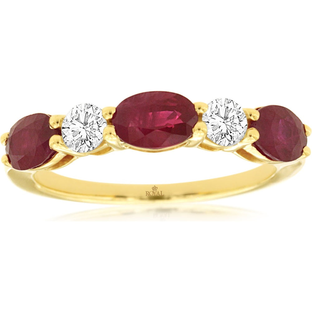 14K Yellow Gold 5-Stone Ring with Oval Ruby and Round Diamonds - 1.75 Carat Ruby and 0.34 Carat Total Diamond Weight - Royal Jewelry