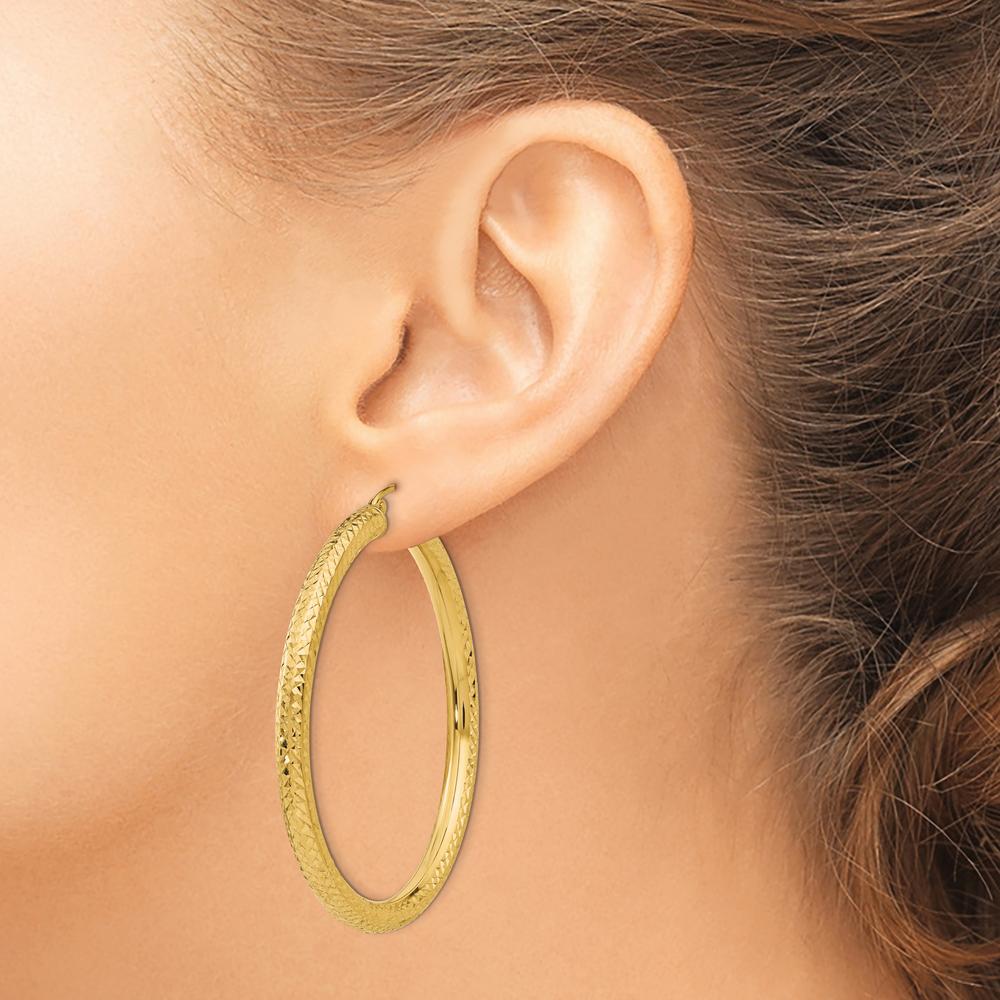 14K Yellow Gold 50mm Large Hoop Earrings with Diamond-Cut Finish - Polished 4mm Thickness by 0