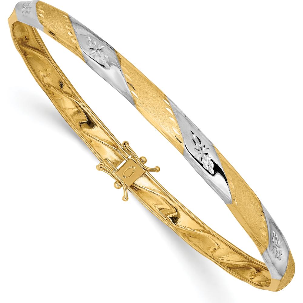 14K Yellow Gold 5mm Flexible Bangle Bracelet with Polished and Satin Diamond-Cut Finish and Rhodium Accents by Oro Pregiato